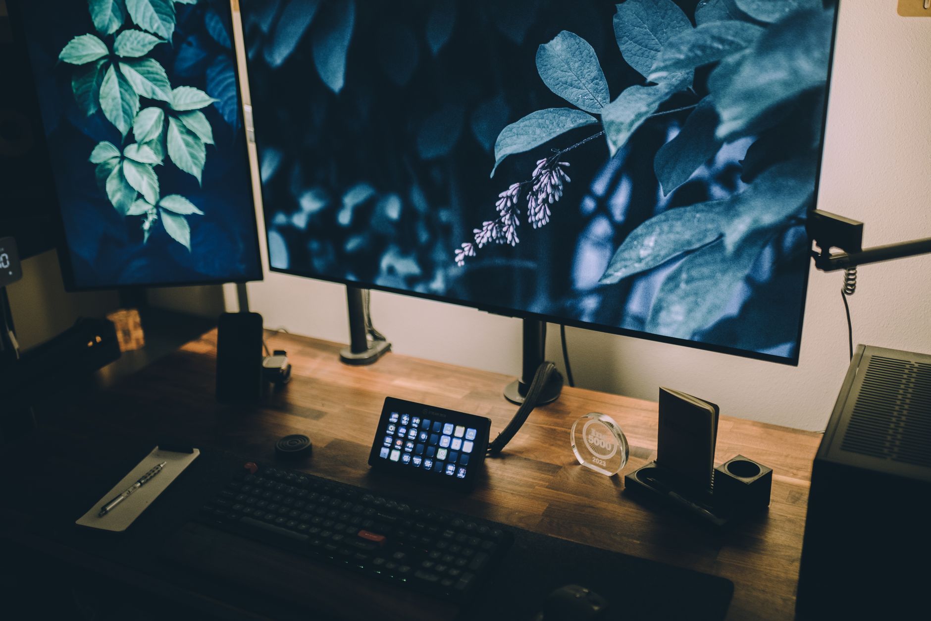 Stylish desktop setup with dual monitors displaying green leaves and wooden decor accents.