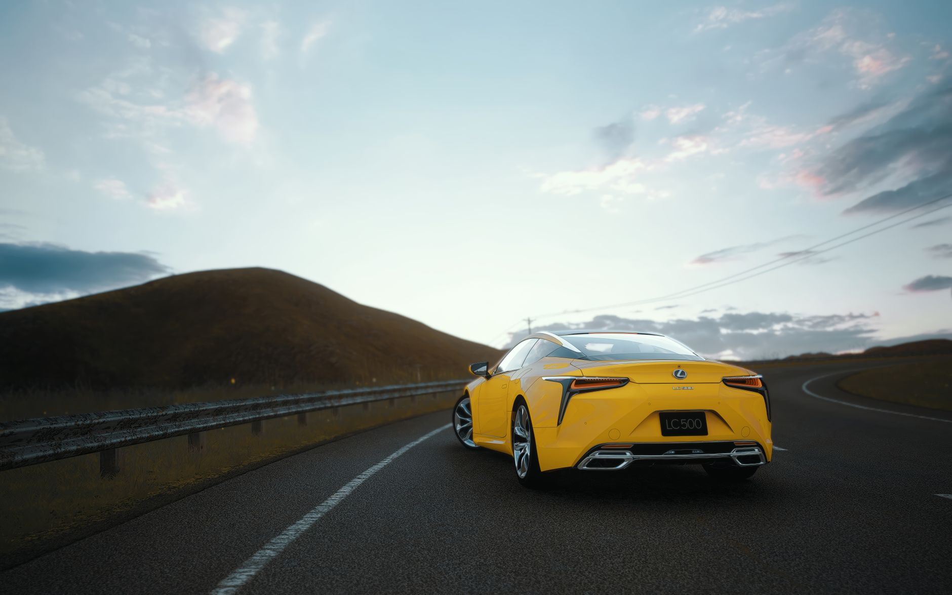 A vibrant yellow sports car driving on a winding road during sunset, showcasing dynamic movement and speed.