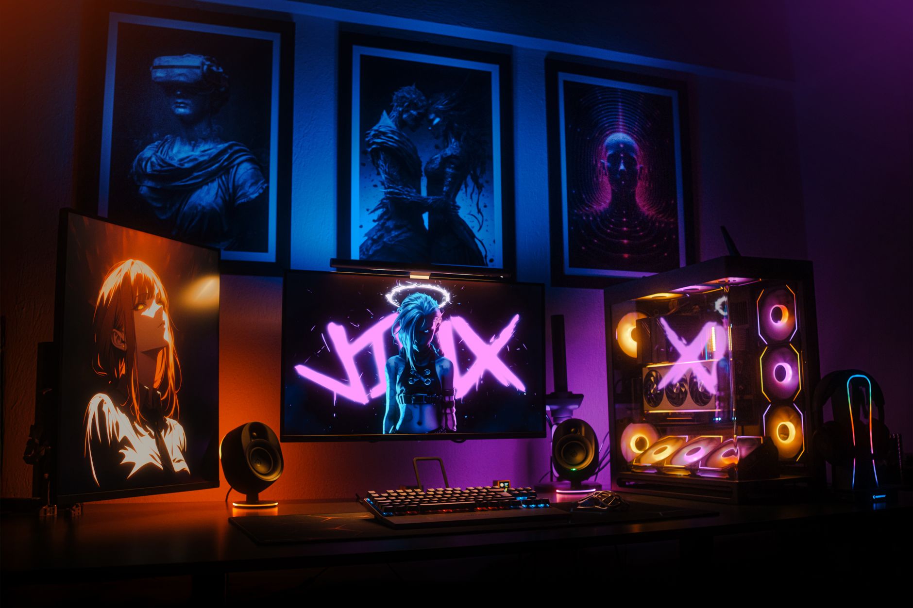 Modern gaming setup featuring neon lights, multiple screens, and art deco posters, perfect for tech enthusiasts.