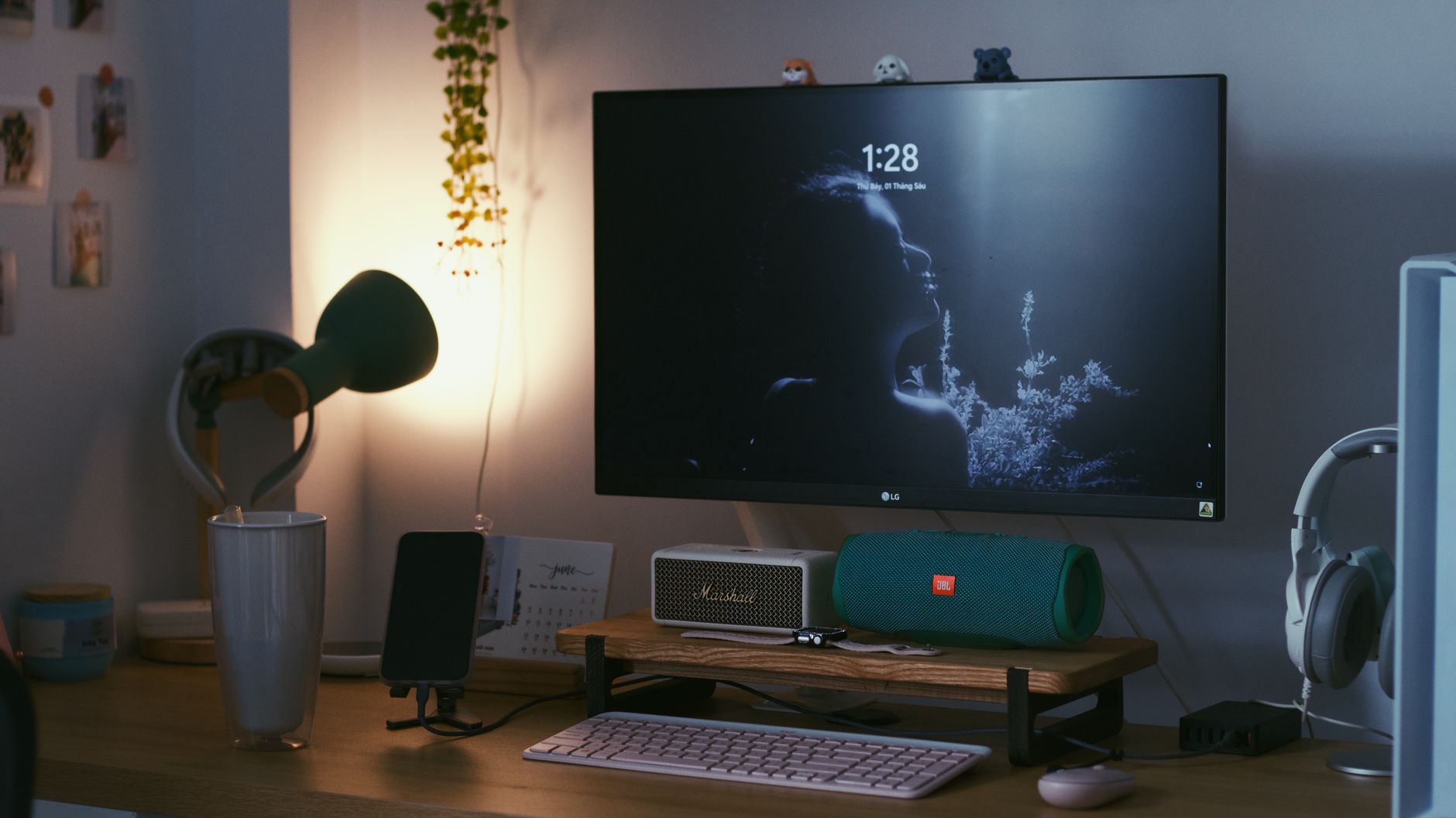 A stylish home office desk featuring a computer setup with accessories, perfect for creativity and productivity.