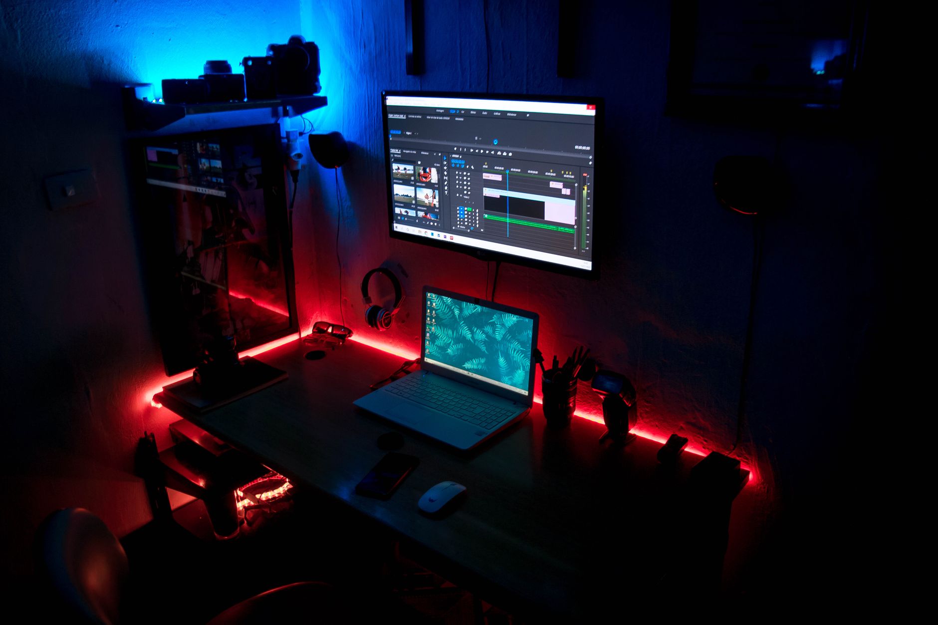Cozy home office setup with ambient LED lighting, perfect for productivity and creativity.