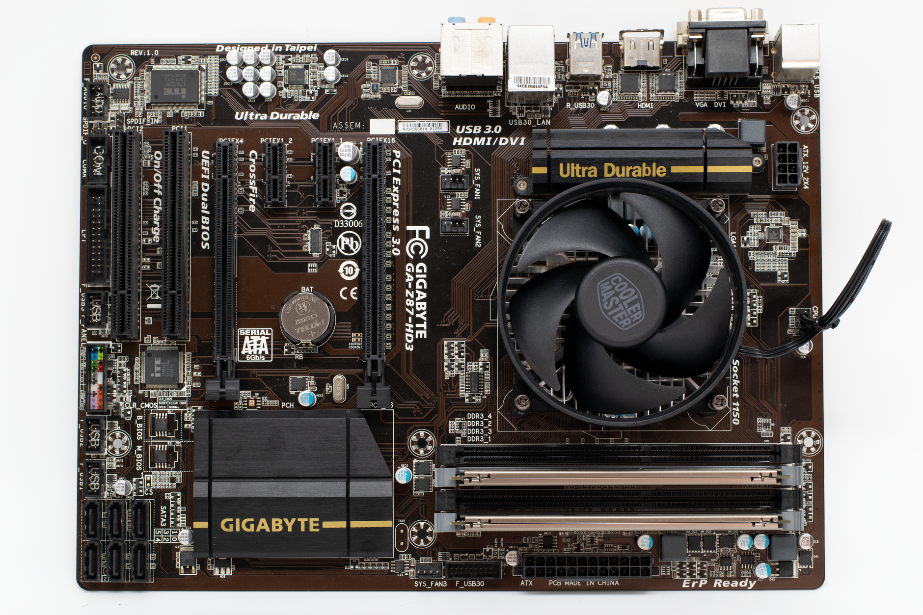 Top-down view of a high-performance Gigabyte motherboard with cooling fan.