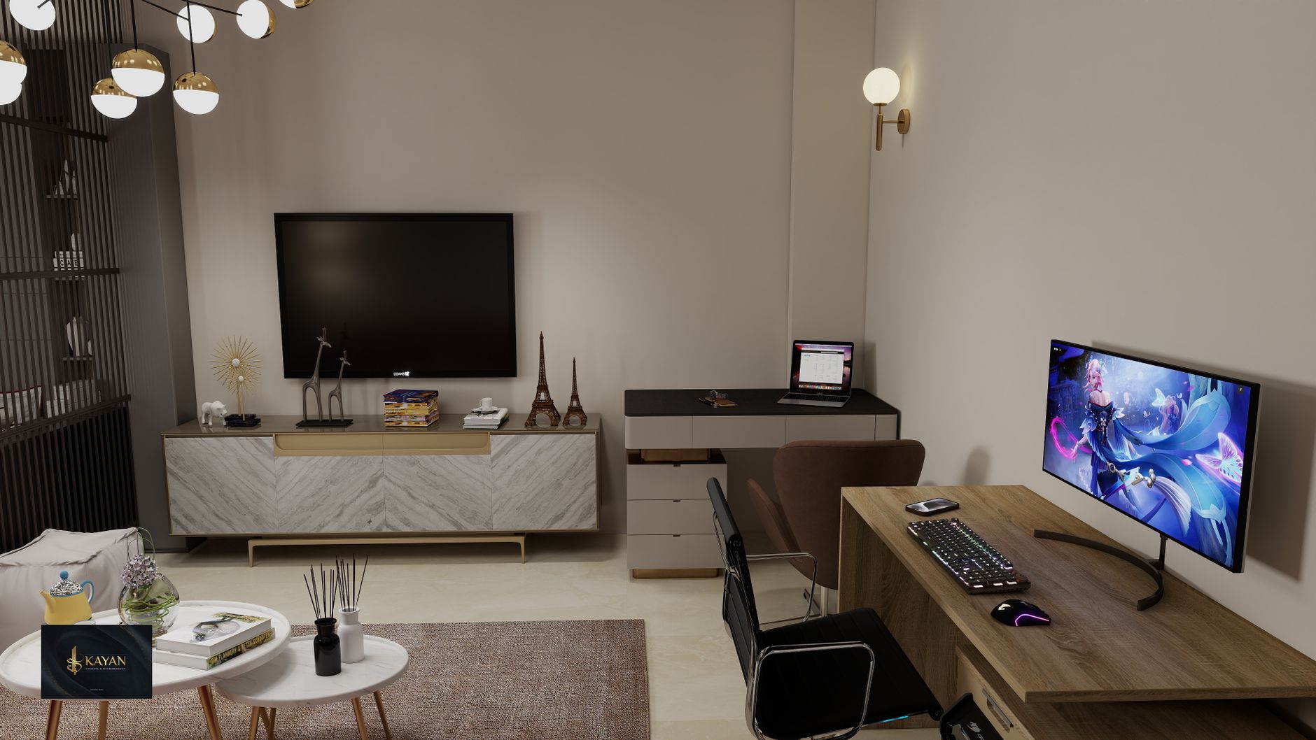 Stylish home office interior with dual monitors, decor, and cozy ambiance.