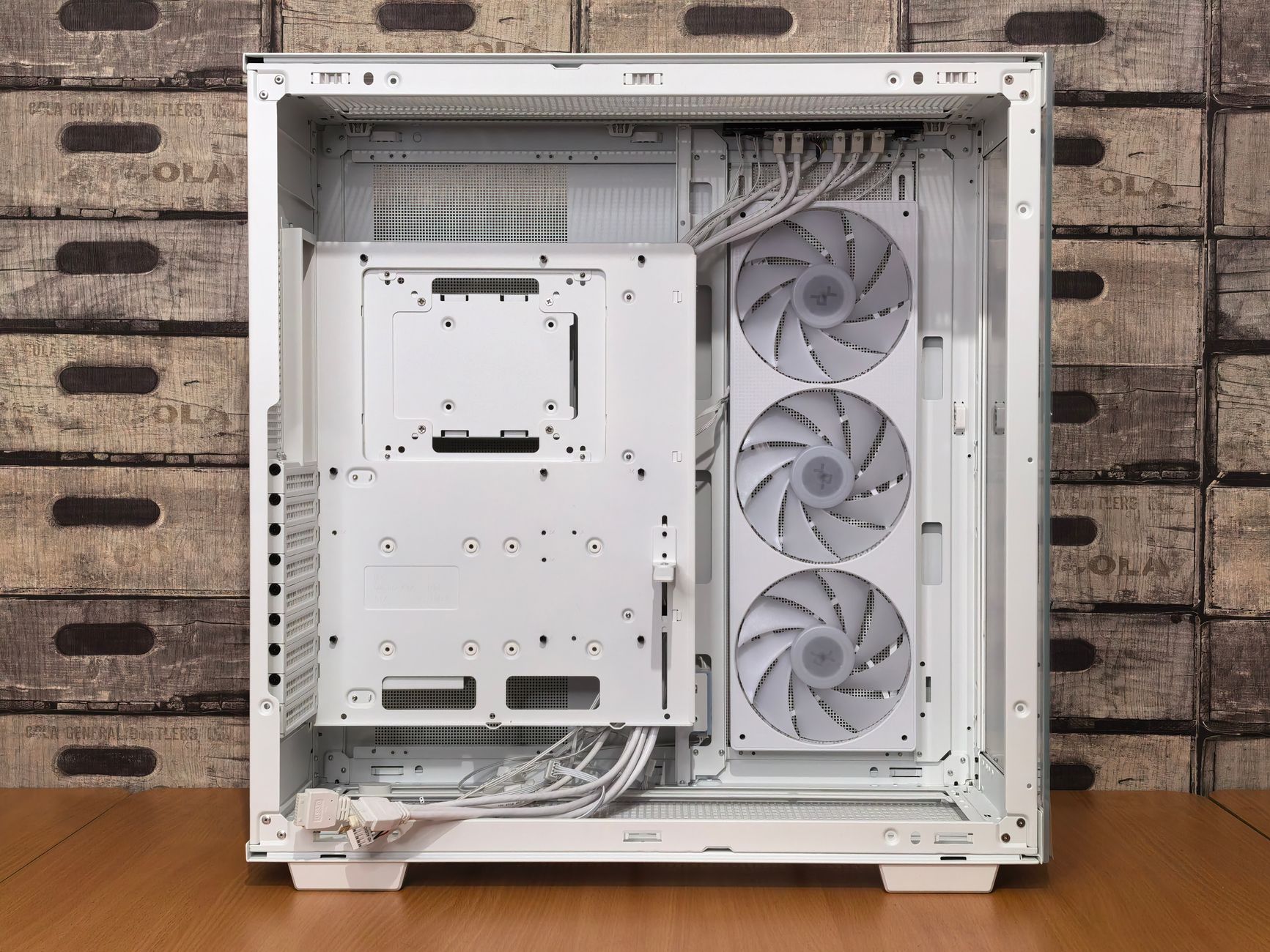 Sleek white computer case showcasing cooling fans, perfect for custom PC builds.